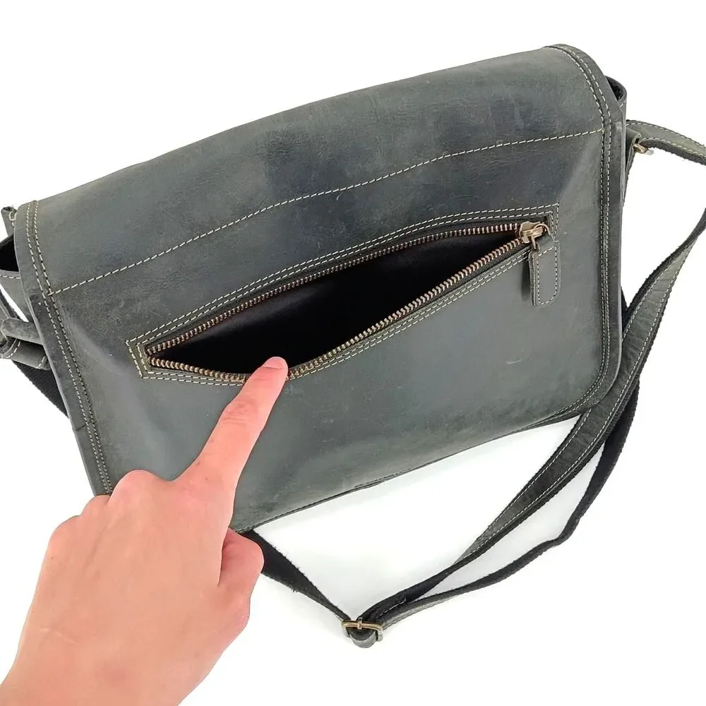 KomalC Genuine Leather Crossbody Satchel Black Distressed Buckle Messenger Bag